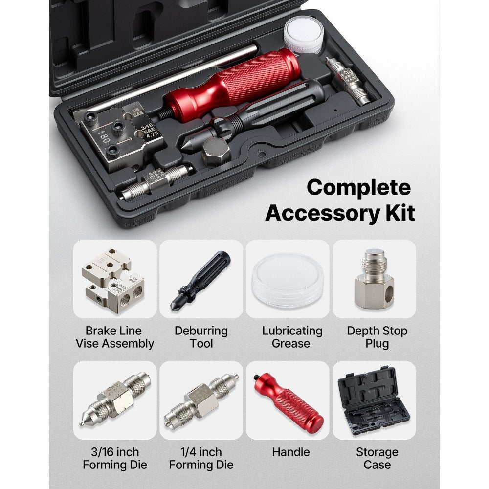 VEVOR Brake Line Flaring Tool Kit, 45° Single & Double Flare Tool for 3/16", 1/4" Copper Tubing - with 2 Forming Dies, Deburring Tool & Toolbox for Automotive Brake Hydraulic Line Repair