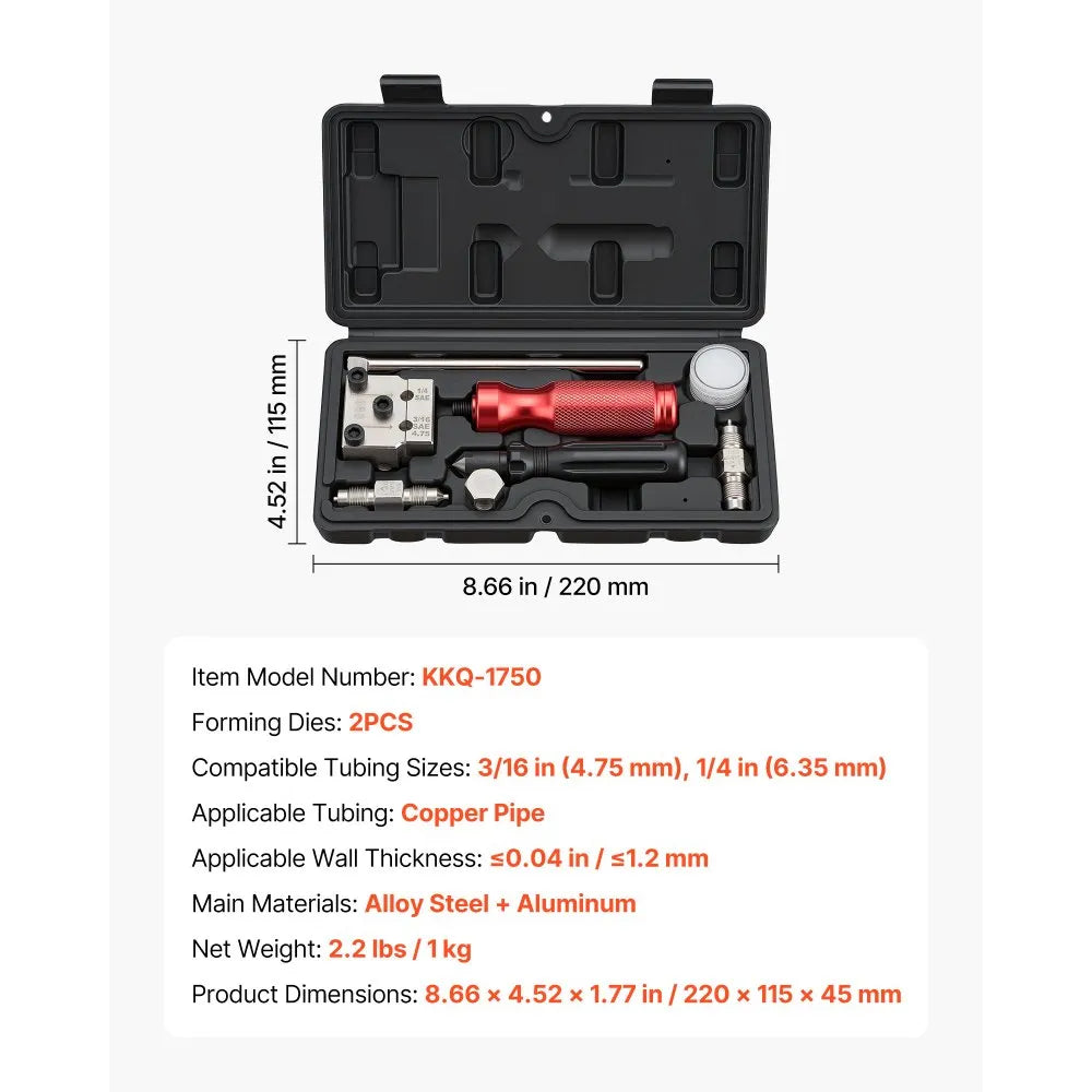VEVOR Brake Line Flaring Tool Kit, 45° Single & Double Flare Tool for 3/16", 1/4" Copper Tubing - with 2 Forming Dies, Deburring Tool & Toolbox for Automotive Brake Hydraulic Line Repair