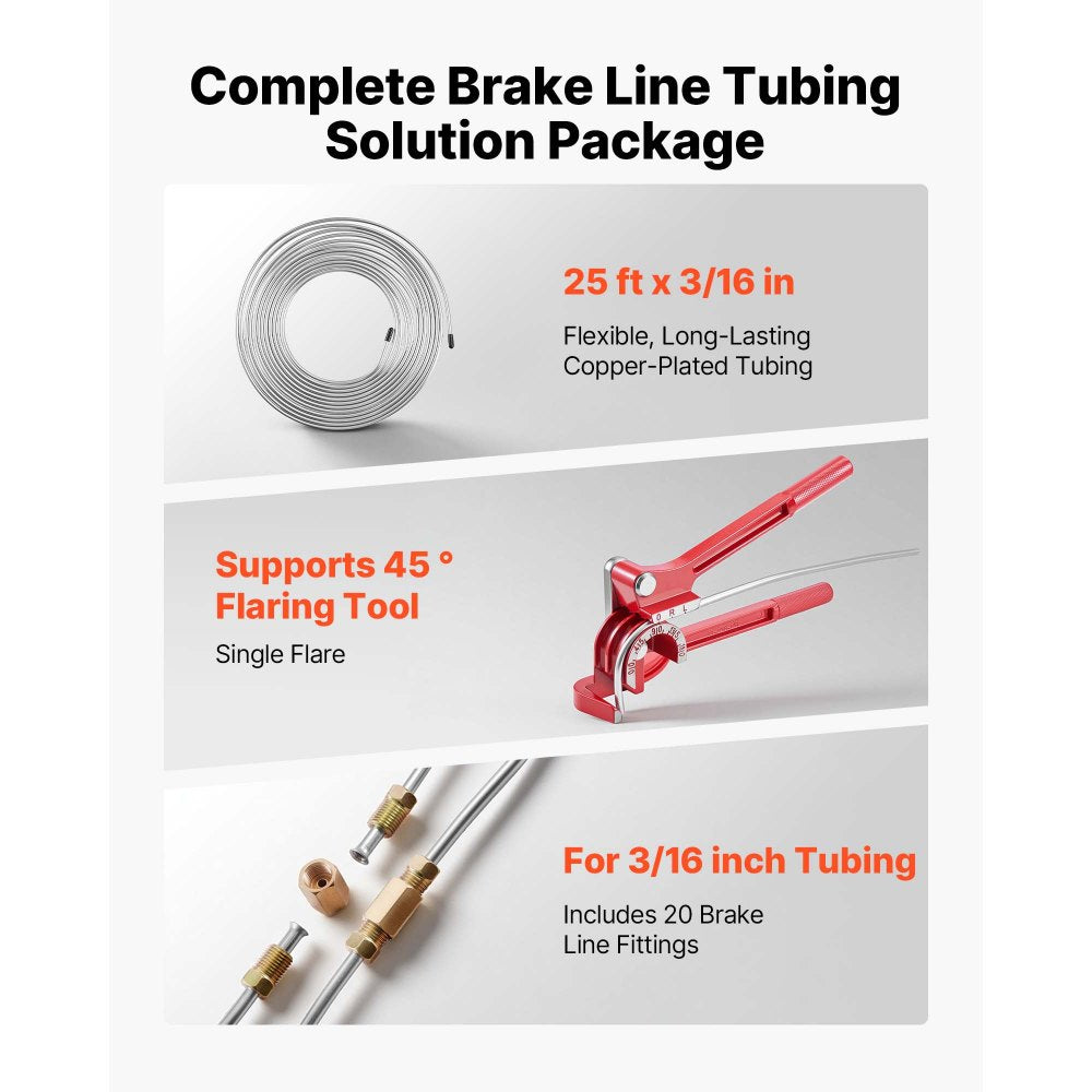VEVOR 3/16" Brake Line Repair Kit, 45° Single Brake Line Flaring Tool Kit, 25FT Copper-Coated Brake Line with 20 Fittings & 2 Unions, 3-in-1 Tube Bender (1/4", 5/16", 3/8"), Tube Cutter Included