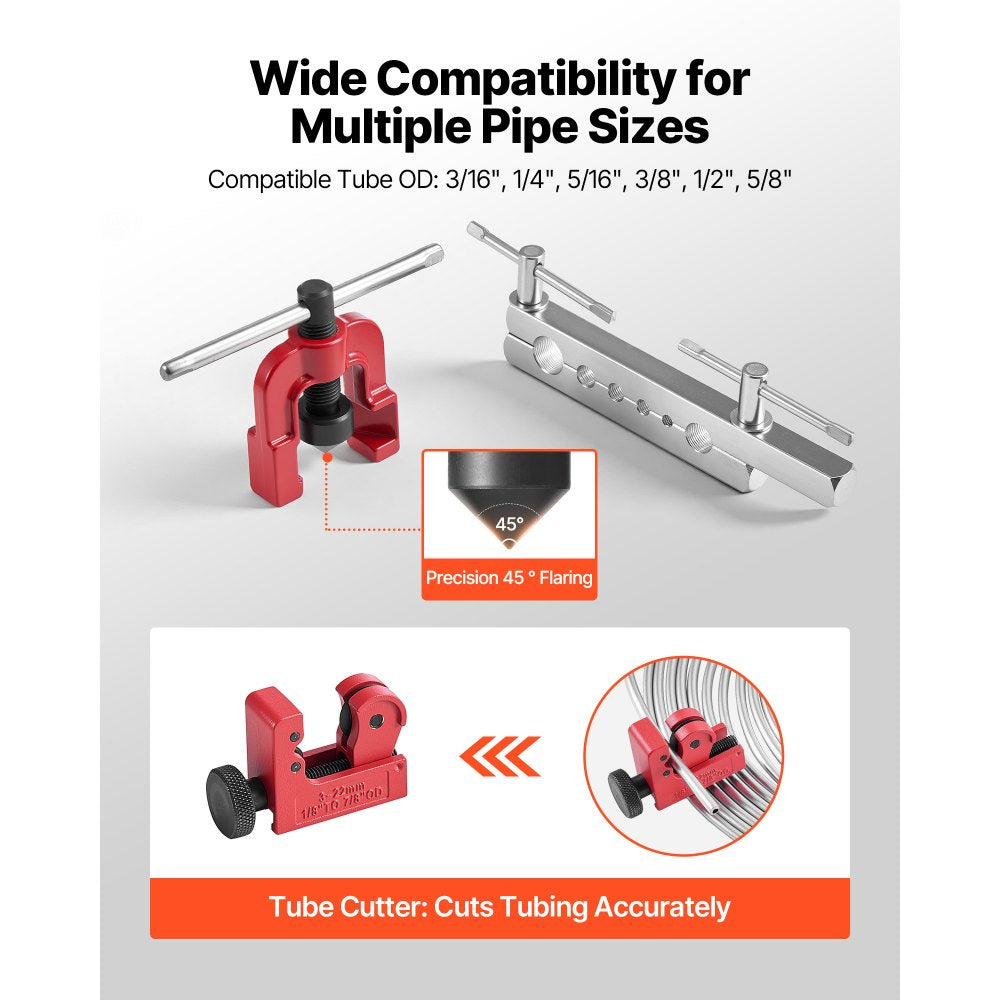VEVOR 3/16" Brake Line Repair Kit, 45° Single Brake Line Flaring Tool Kit, 25FT Copper-Coated Brake Line with 20 Fittings & 2 Unions, 3-in-1 Tube Bender (1/4", 5/16", 3/8"), Tube Cutter Included