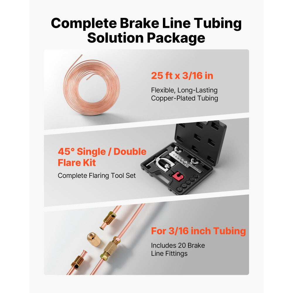 VEVOR 3/16" Brake Line Repair Kit, 45° Double & Single Brake Line Flaring Tool Kit, 25FT Copper Coated Brake Line (with 16 Fittings & 4 Unions) - Tube Cutter, 5 Adapters and Toolbox Included