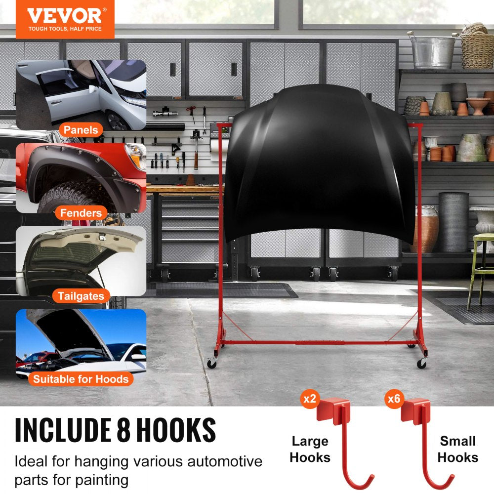 VEVOR Painting Rack, 1500 -2000 mm Adjustable Height, 66 lbs Capacity Automotive Paint Rack Stand, 8 Hooks Painting Drying Rack with 4 Swiveling Wheels, Auto Body Stand for Auto Repair Shops & Garage