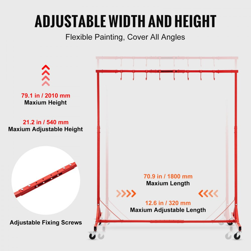 VEVOR Painting Rack, 1500 -2000 mm Adjustable Height, 66 lbs Capacity Automotive Paint Rack Stand, 8 Hooks Painting Drying Rack with 4 Swiveling Wheels, Auto Body Stand for Auto Repair Shops & Garage