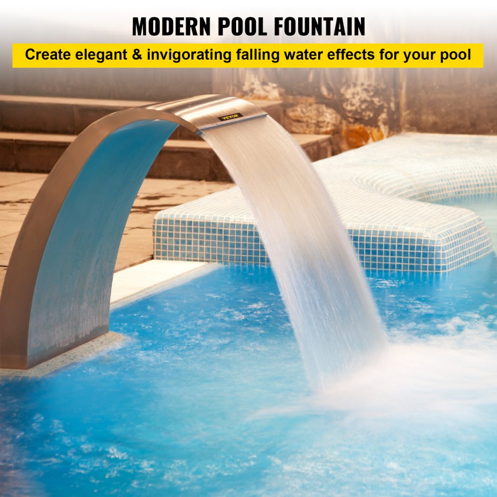 VEVOR Pool Waterfall Fountain Stainless Steel Fountain 15.4\" x 7.9\" x 1.5\" Silver Pool Fountains for Ground Pools Garden Outdoor Waterfalls Sheer Descent Pond Water Feature