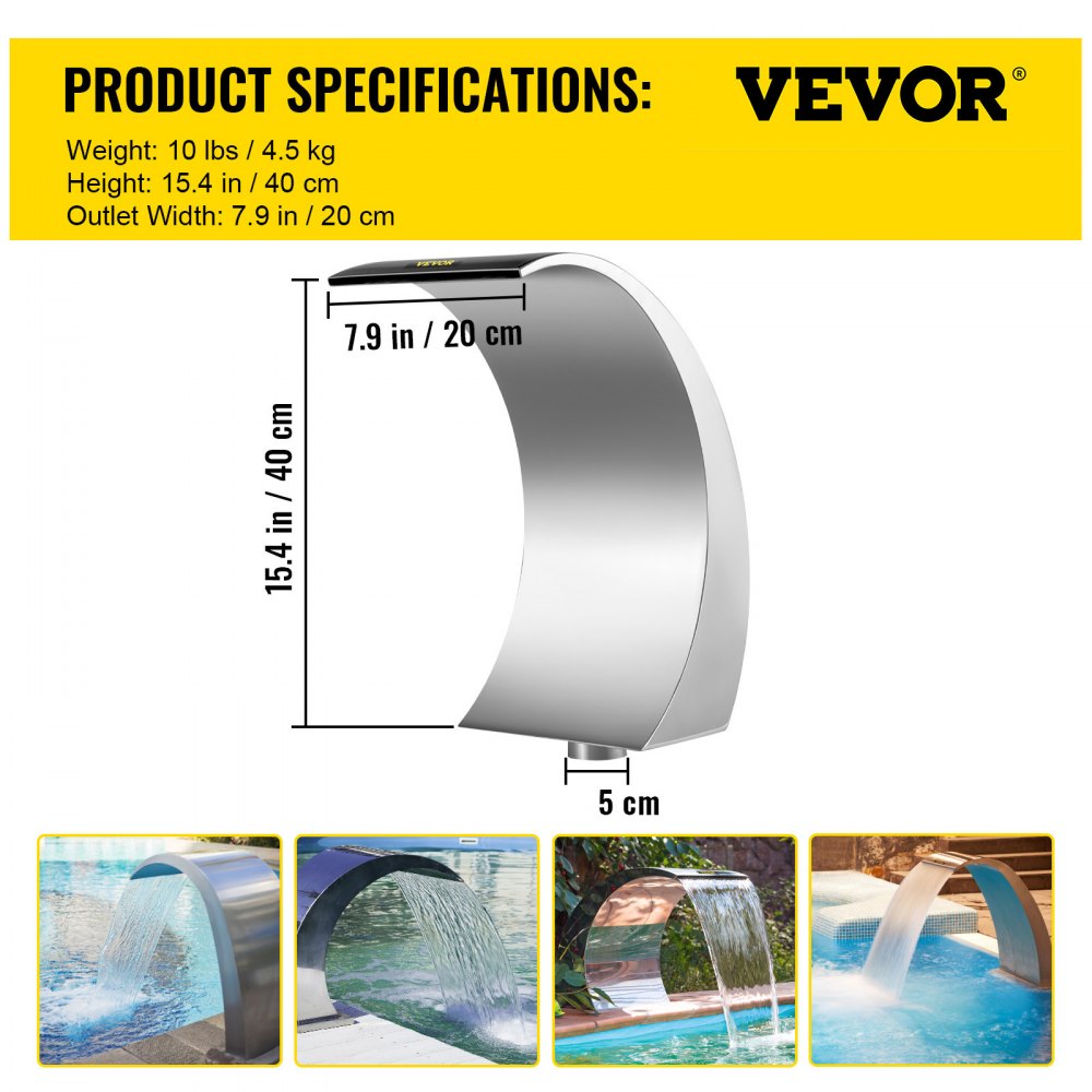 VEVOR Pool Waterfall Fountain Stainless Steel Fountain 15.4\" x 7.9\" x 1.5\" Silver Pool Fountains for Ground Pools Garden Outdoor Waterfalls Sheer Descent Pond Water Feature