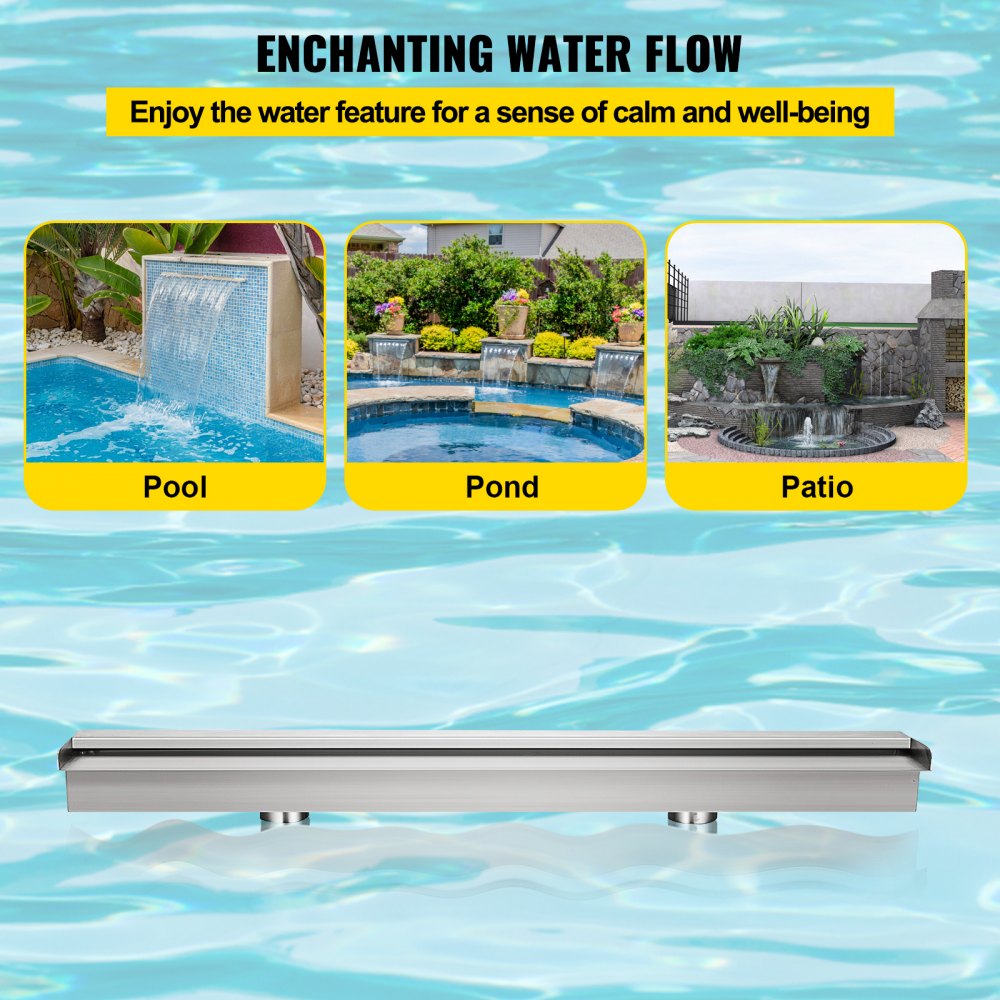 VEVOR Pool Fountain Stainless Steel Pool Waterfall Spillway with Pipe Connector Rectangular Garden Outdoor (59.1\")