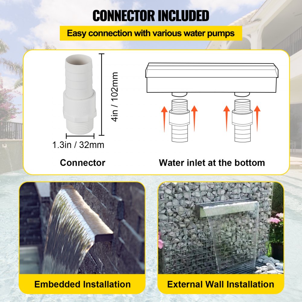 VEVOR Pool Fountain Stainless Steel Pool Waterfall Spillway with Pipe Connector Rectangular Garden Outdoor (59.1\")