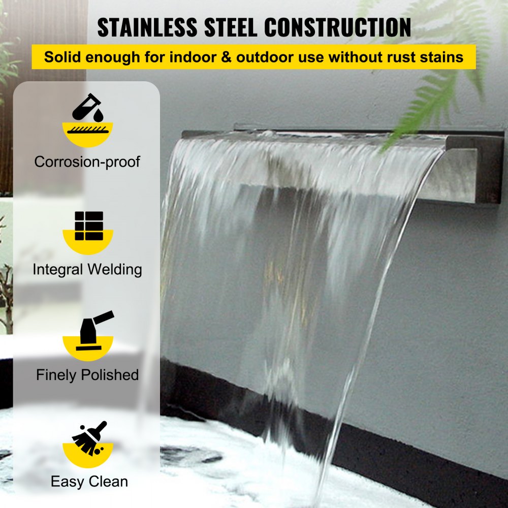 VEVOR Pool Fountain Stainless Steel Pool Waterfall Spillway with Pipe Connector Rectangular Garden Outdoor (11.8\")