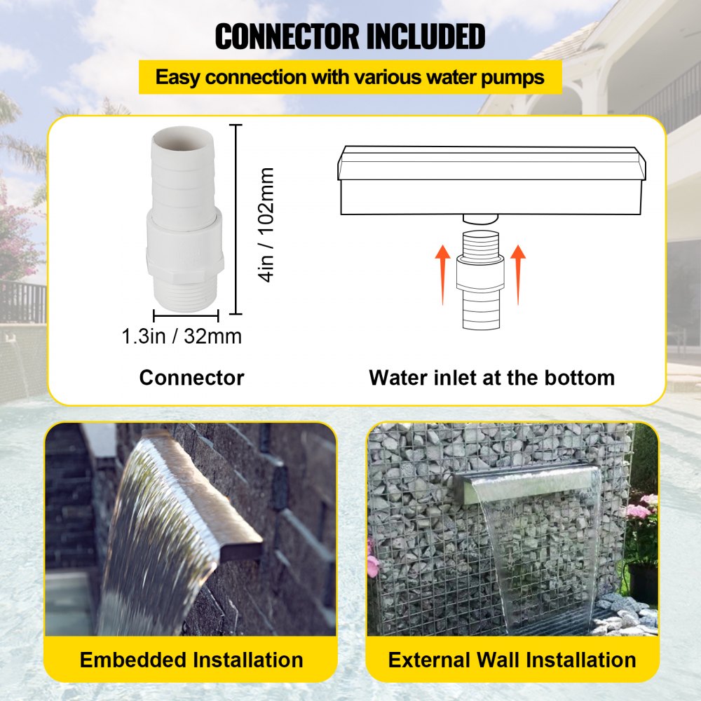 VEVOR Pool Fountain Stainless Steel Pool Waterfall Spillway with Pipe Connector Rectangular Garden Outdoor (11.8\")