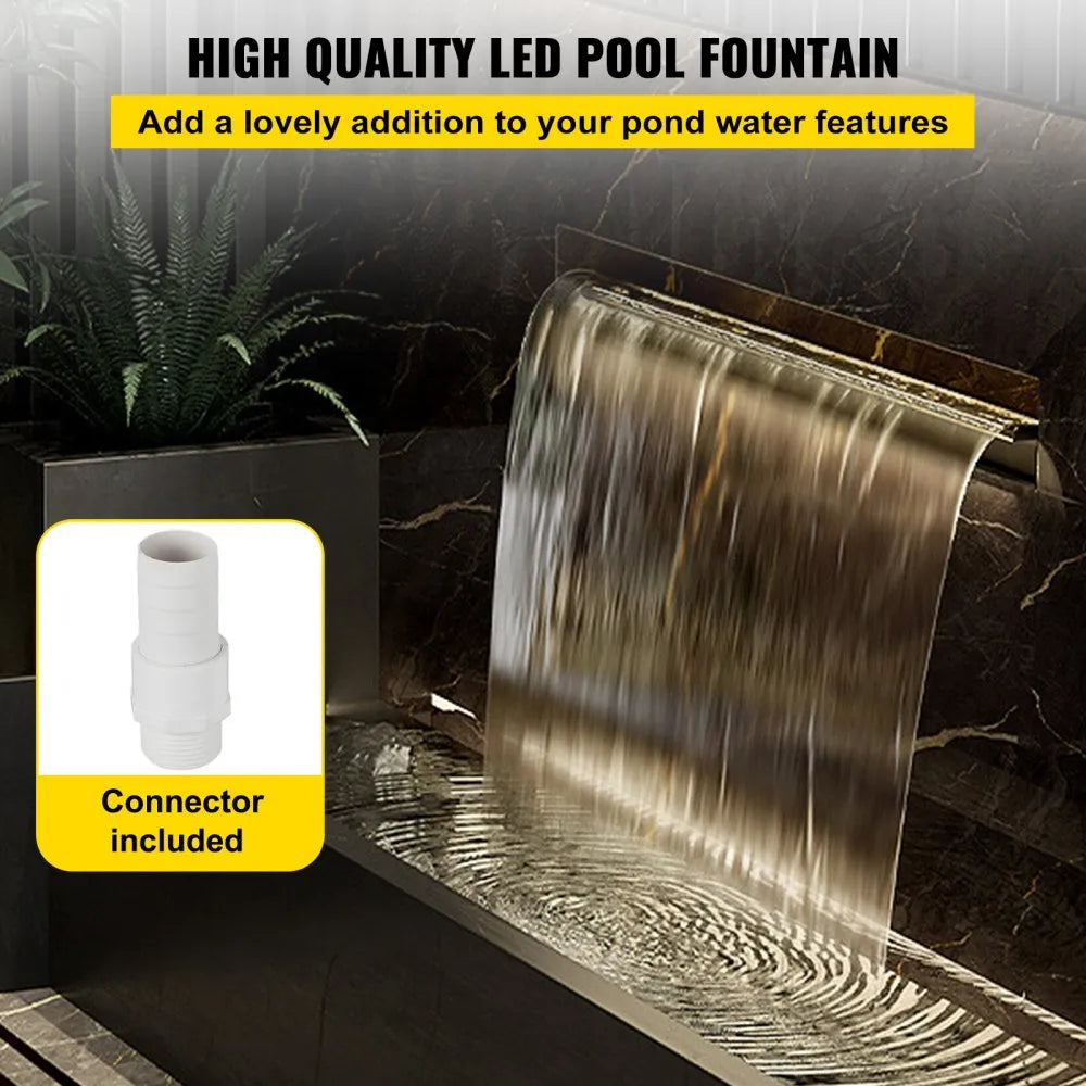 VEVOR Pool Fountain Stainless Steel Pool Waterfall 11.8\" x 4.5\" x 3.1\"(W x D x H) with LED Strip Light Waterfall Spillway with Pipe Connector Rectangular Garden Outdoor