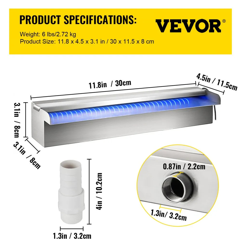 VEVOR Pool Fountain Stainless Steel Pool Waterfall 11.8\" x 4.5\" x 3.1\"(W x D x H) with LED Strip Light Waterfall Spillway with Pipe Connector Rectangular Garden Outdoor