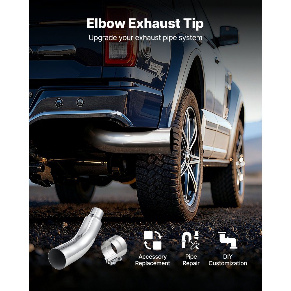 VEVOR Elbow Exhaust Tip, 4 Inch Inlet, 6 Inch Outlet, 23 in Overall Length, Chrome Turn Down Exhaust Tip with Clamp for Truck, Sedan, Sports Car, SUV, Chrome Structure for High Temperature Resistance