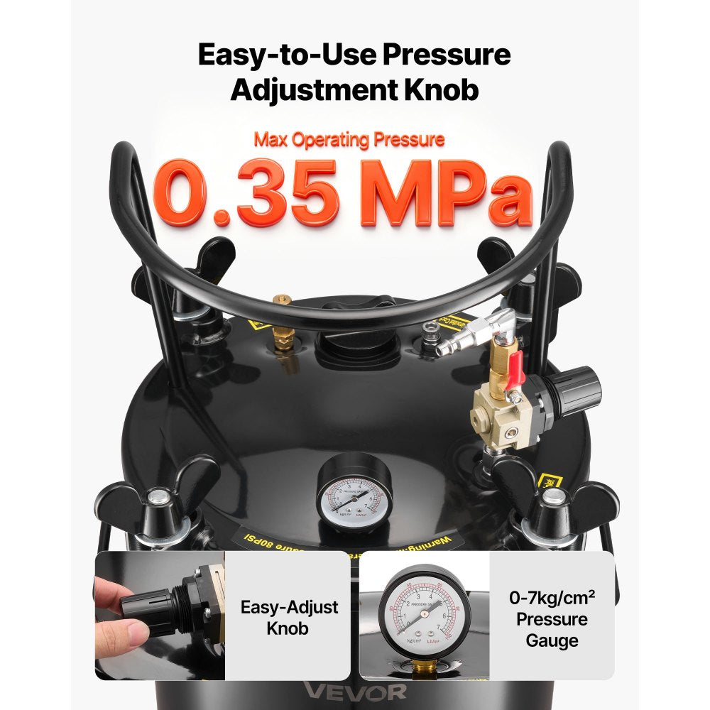 VEVOR Pressure Pot Tank, 5.3 Gal/20 L Heavy Duty Steel Air Tool Pressure Pot, Pressures Pots with Three Quick-Connect Couplers for Home Use, DIY, Art Creations, Large-Diameter Tank