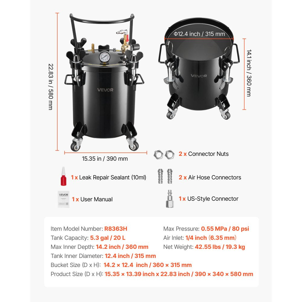 VEVOR Pressure Pot Tank, 5.3 Gal/20 L Heavy Duty Steel Air Tool Pressure Pot, Pressures Pots with Three Quick-Connect Couplers for Home Use, DIY, Art Creations, Large-Diameter Tank