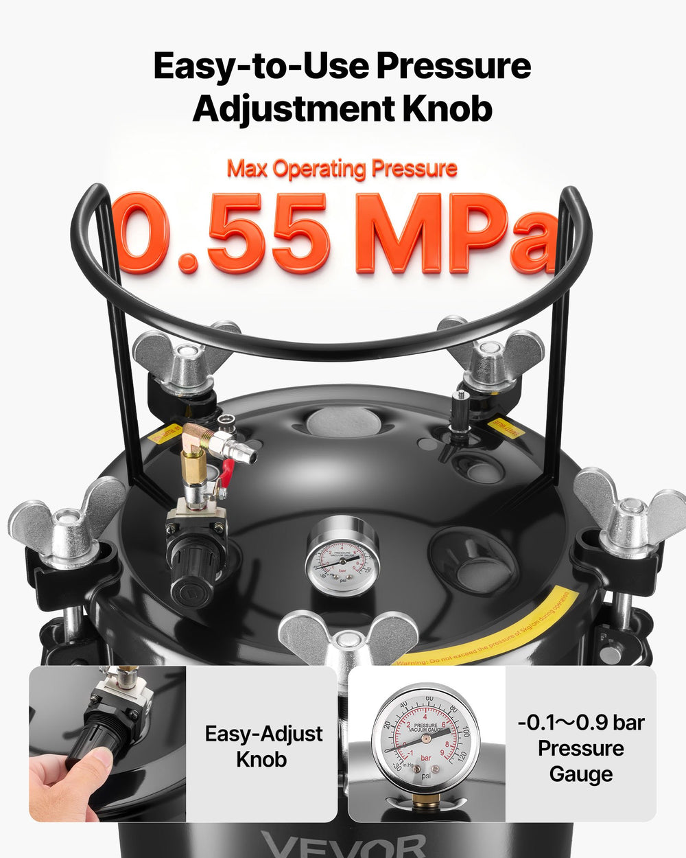VEVOR Pressure Pot Paint Tank - 0.55 MPa max operating pressure and gauge