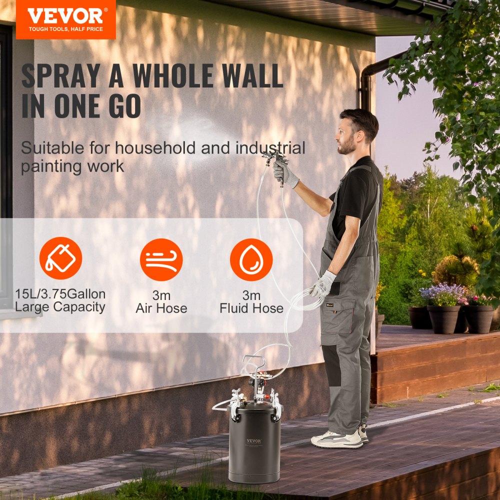 VEVOR Spray Paint Pressure Pot, 15L/3.75gal Pressure Pot Tank, 60 psi Adjustale Pressure, Steel Pressure Pot Paint Tank with Spray Gun, Hoses, Pressure Gauge, for Home Decor and Industry Painting