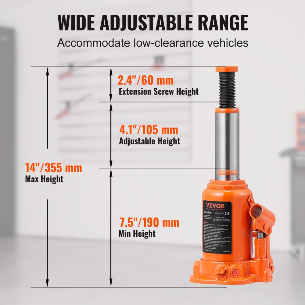 VEVOR Hydraulic Bottle Jack, 12 Ton/26455 LBS All Welded Bottle Jack, 7.5-14 inch Lifting Range, with 3-section Long Handle, for Pickup Truck, Truck, Car, RV, Auto Repair, Industrial Engineering
