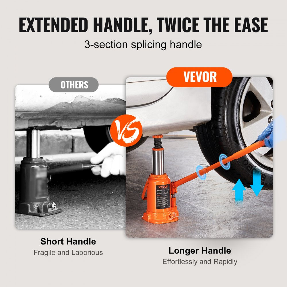 VEVOR Hydraulic Bottle Jack, 12 Ton/26455 LBS All Welded Bottle Jack, 7.5-14 inch Lifting Range, with 3-section Long Handle, for Pickup Truck, Truck, Car, RV, Auto Repair, Industrial Engineering