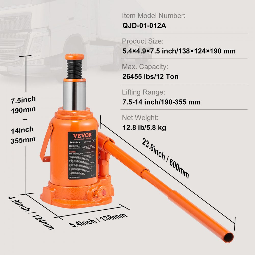 VEVOR Hydraulic Bottle Jack, 12 Ton/26455 LBS All Welded Bottle Jack, 7.5-14 inch Lifting Range, with 3-section Long Handle, for Pickup Truck, Truck, Car, RV, Auto Repair, Industrial Engineering