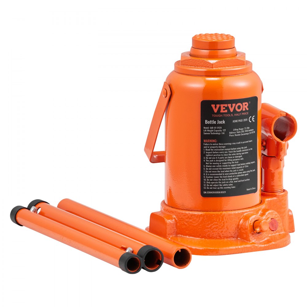 VEVOR Hydraulic Bottle Jack, 12 Ton/26455 LBS All Welded Bottle Jack, 7.5-14 inch Lifting Range, with 3-section Long Handle, for Pickup Truck, Truck, Car, RV, Auto Repair, Industrial Engineering