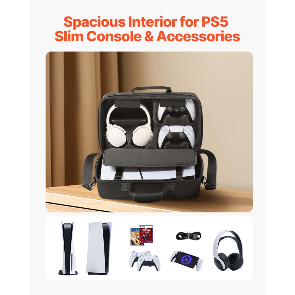 VEVOR PS5 Carrying Case, Travel Bag for Playstation 5 Slim Shockproof EVA, Soft Interior Lining & Padded Dividers for Extra Protection, Spacious Design with Carry Handle for Storage, Home & Party