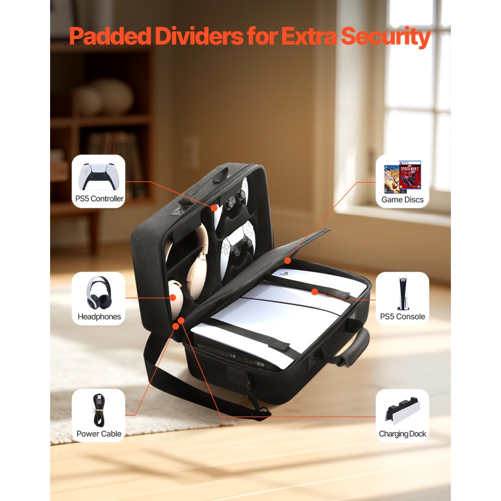 VEVOR PS5 Carrying Case, Travel Bag for Playstation 5 Slim Shockproof EVA, Soft Interior Lining & Padded Dividers for Extra Protection, Spacious Design with Carry Handle for Storage, Home & Party