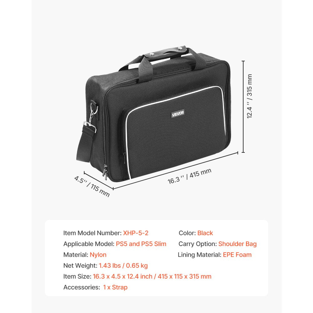 VEVOR PS5 Carrying Case, Travel Bag for Playstation 5 & PS5 Slim Waterproof Nylon, Soft Interior Lining & Padded Dividers for Extra Protection, Spacious Design with Carry Handle for Storage, Home