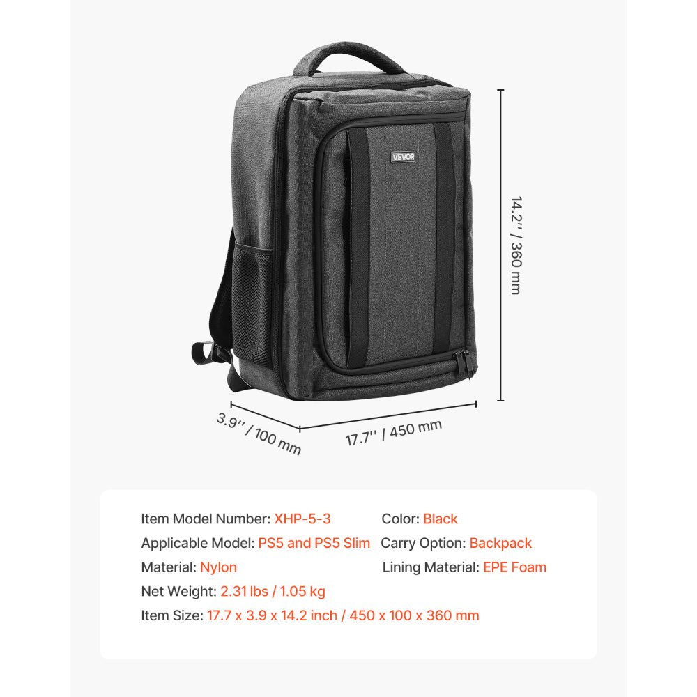 VEVOR PS5 Backpack, Dual Shoulder Travel Bag for Playstation 5 & PS5 Slim Waterproof Nylon, Soft Interior Lining & Padded Dividers for Extra Protection, Spacious Design with Carry Handle for Storage