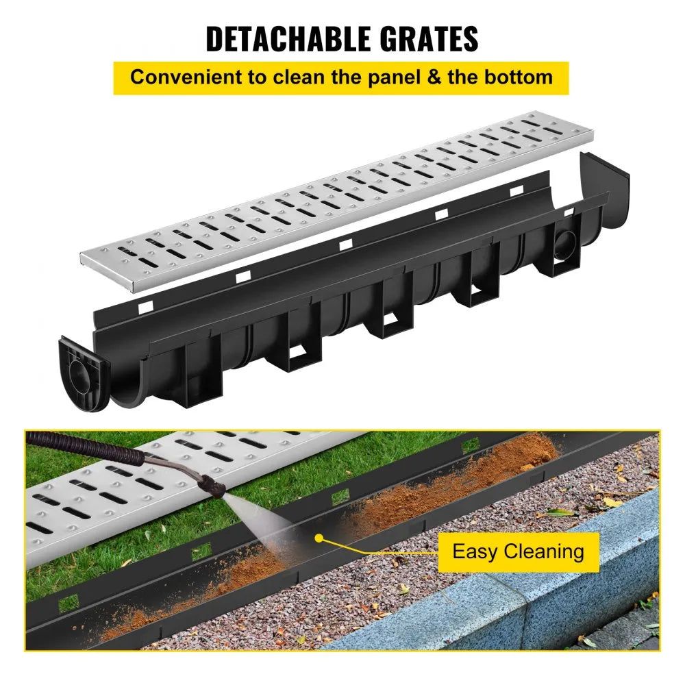 VEVOR Trench Drain System, Channel Drain with Metal Grate, 5.9x5.1-Inch HDPE Drainage Trench, Black Plastic Garage Floor Drain, 3x39 Trench Drain Grate, with 3 End Caps, for Garden, Driveway-3 Pack