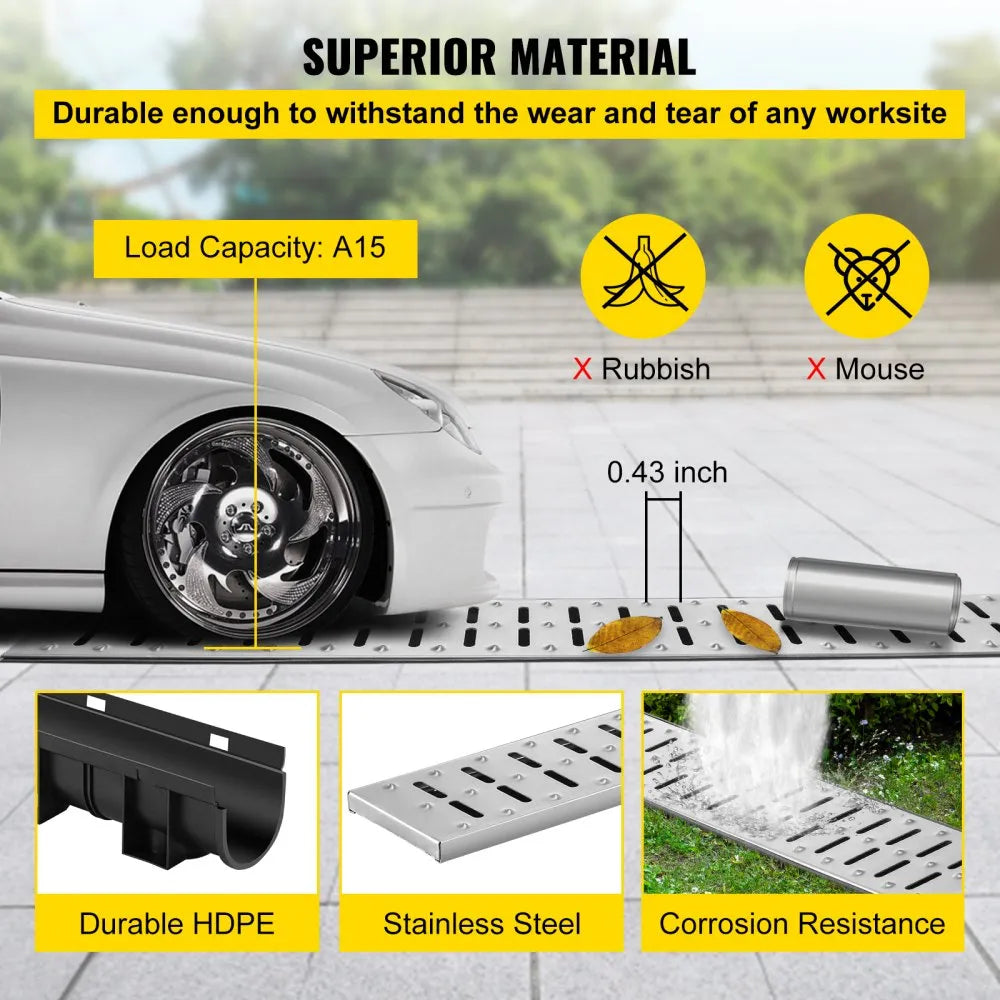 VEVOR Trench Drain System, Channel Drain with Metal Grate, 5.9x5.1-Inch HDPE Drainage Trench, Black Plastic Garage Floor Drain, 3x39 Trench Drain Grate, with 3 End Caps, for Garden, Driveway-3 Pack