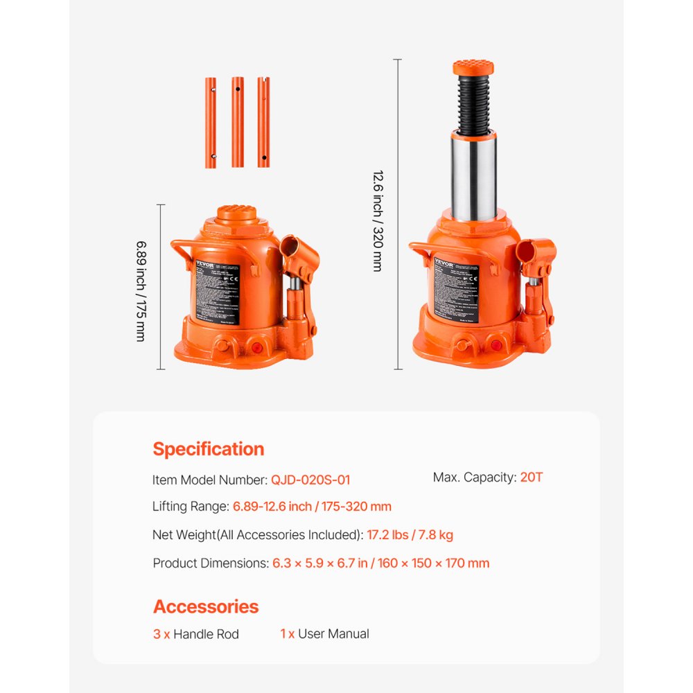 VEVOR Hydraulic Bottle Jack, 20 Ton/44092 lbs Welded Bottle Jack with 6.69''-12.6'' Lifting Range & 3-Section Long Handle, for Car, Pickup, Truck, RV, Auto Repair, Industrial Engineering
