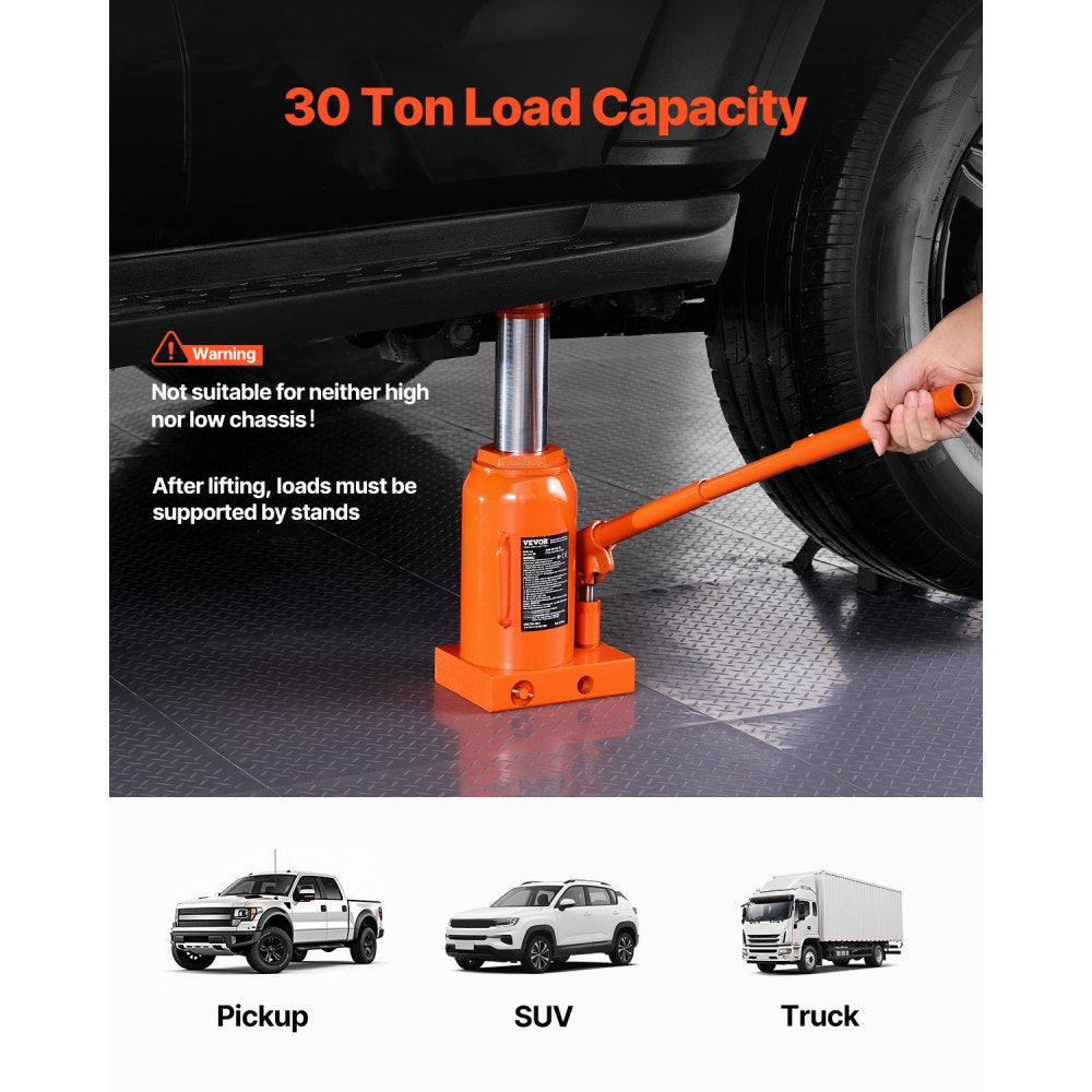 VEVOR Hydraulic Bottle Jack, 30 Ton/66138 lbs Welded Bottle Jack with 11.22''-18.66'' Lifting Range & 3-Section Long Handle, for Car, Pickup, Truck, RV, Auto Repair, Industrial Engineering