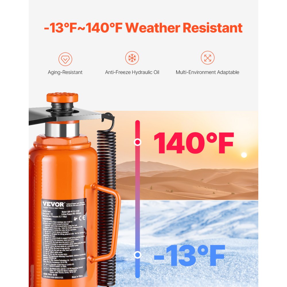 VEVOR Air Hydraulic Bottle Jack, 12 Ton/26455 lbs Pneumatic Hydraulic Bottle Jack with 10.43''-19.88'' Lifting Range & Manual Hand Pump, for Pickup, Truck, RV, Auto Repair, Industrial Engineering