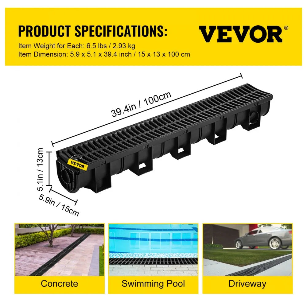 VEVOR Trench Drain System, Channel Drain with Plastic Grate, 5.9x5.1-Inch HDPE Drainage Trench, Black Plastic Garage Floor Drain, 6x39 Trench Drain Grate, with 6 End Caps, for Garden, Driveway-6 Pack