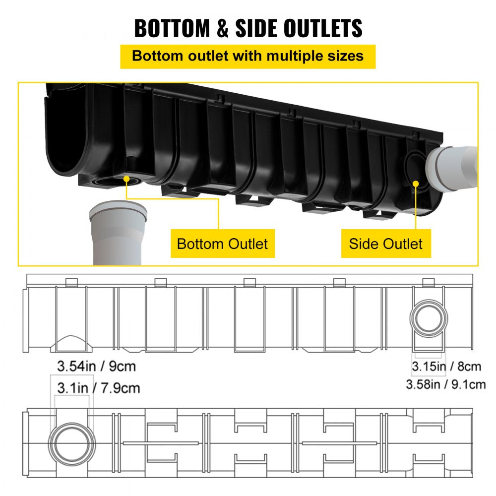 VEVOR Trench Drain System, Channel Drain with Plastic Grate, 5.9x7.5-Inch HDPE Drainage Trench, Black Plastic Garage Floor Drain, 4x39 Trench Drain Grate, with 4 End Caps, for Garden, Driveway-4 Pack
