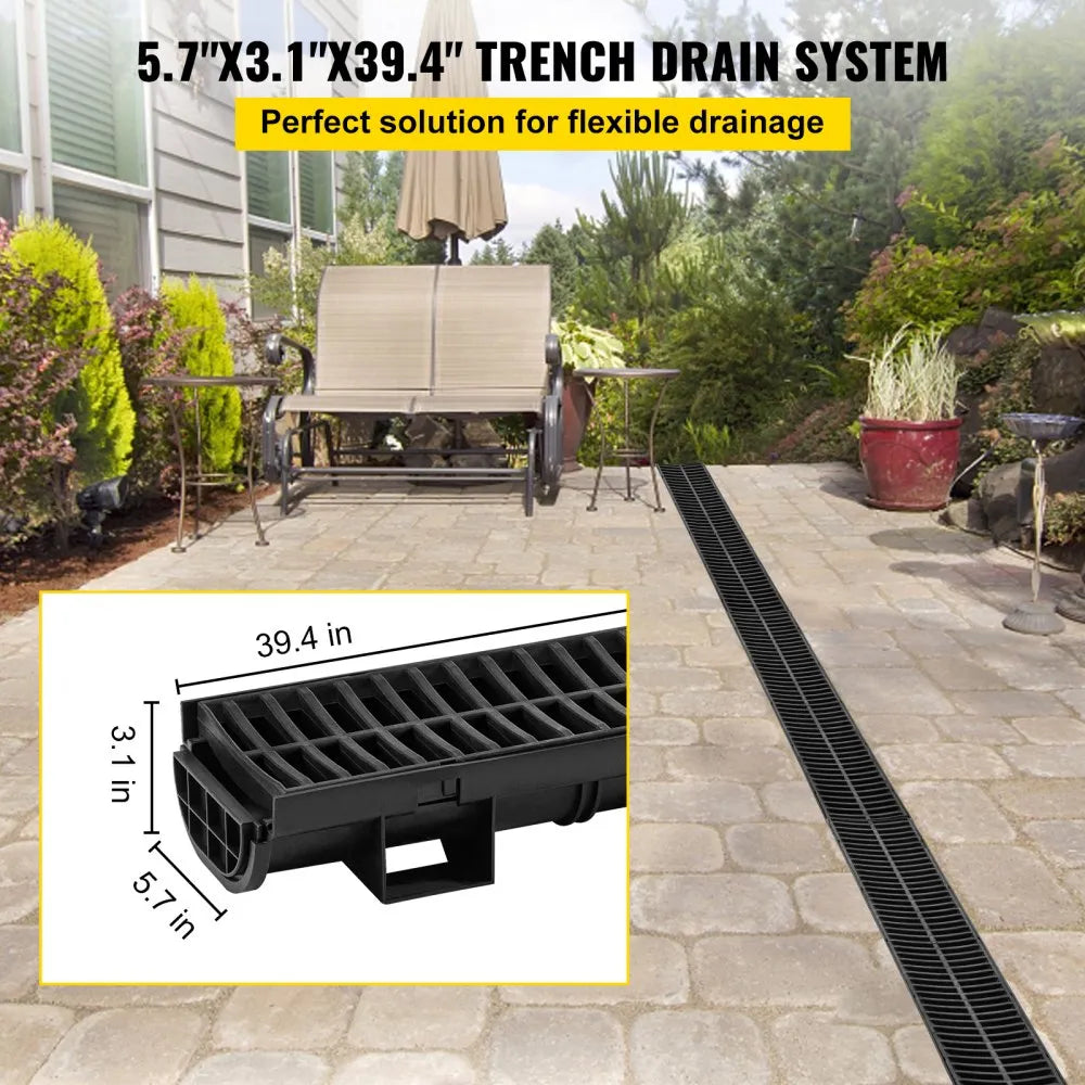 VEVOR Trench Drain System, Channel Drain with Plastic Grate, 5.7x3.1-Inch HDPE Drainage Trench, Black Plastic Garage Floor Drain, 3x39 Trench Drain Grate, with 3 End Caps, for Garden, Driveway-3 Pack