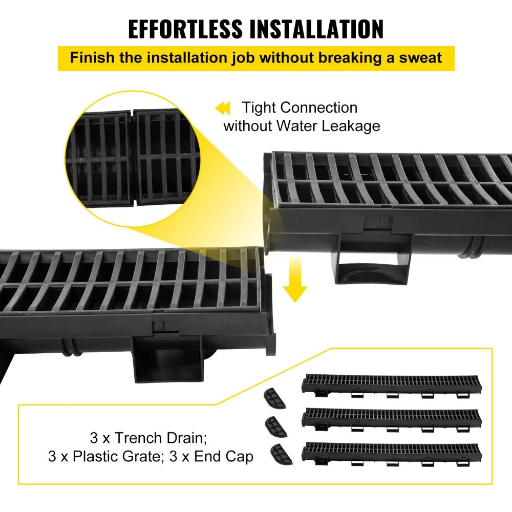 VEVOR Trench Drain System, Channel Drain with Plastic Grate, 5.7x3.1-Inch HDPE Drainage Trench, Black Plastic Garage Floor Drain, 3x39 Trench Drain Grate, with 3 End Caps, for Garden, Driveway-3 Pack