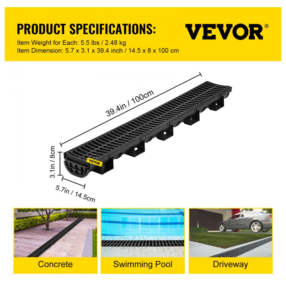 VEVOR Trench Drain System, Channel Drain with Plastic Grate, 5.7x3.1-Inch HDPE Drainage Trench, Black Plastic Garage Floor Drain, 4x39 Trench Drain Grate, with 4 End Caps, for Garden, Driveway-4 Pack