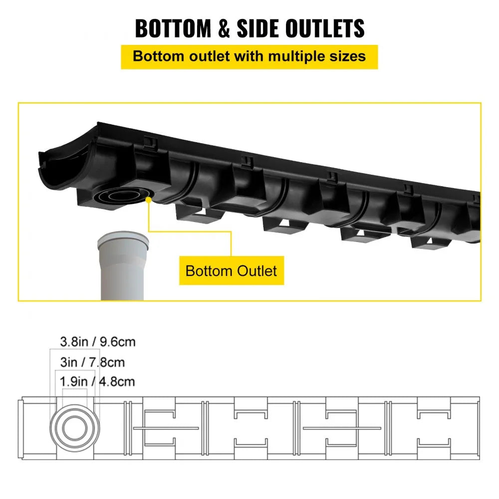 VEVOR Trench Drain System, Channel Drain with Plastic Grate, 5.8x3.1-Inch HDPE Drainage Trench, Black Plastic Garage Floor Drain, 6x39 Trench Drain Grate, with 6 End Caps, for Garden, Driveway-6 Pack