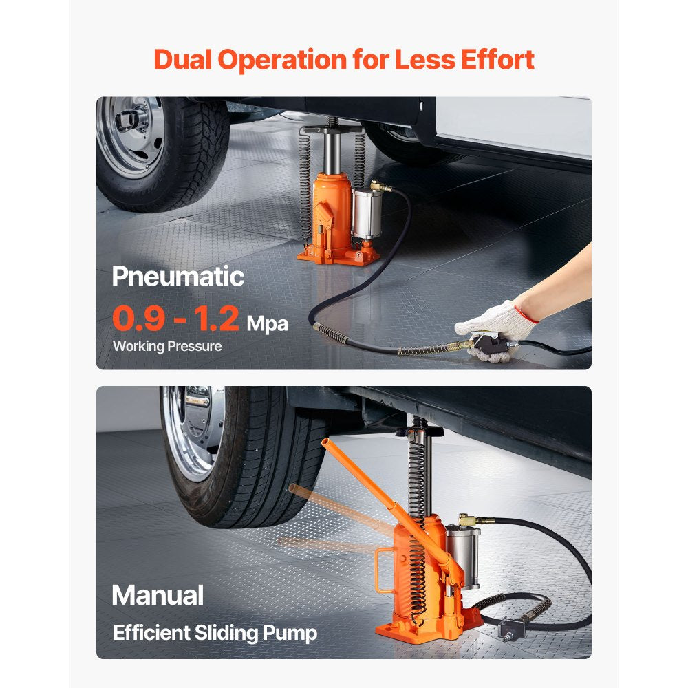 VEVOR Air Hydraulic Bottle Jack, 20 Ton (44092 lbs) Capacity, 10.2-19.5 Inch Lifting Range, Pneumatic/Manual Heavy Duty Welded Bottle Jack with Pump for Car, SUV, Pickup, Truck, RV Auto Repair, Orange
