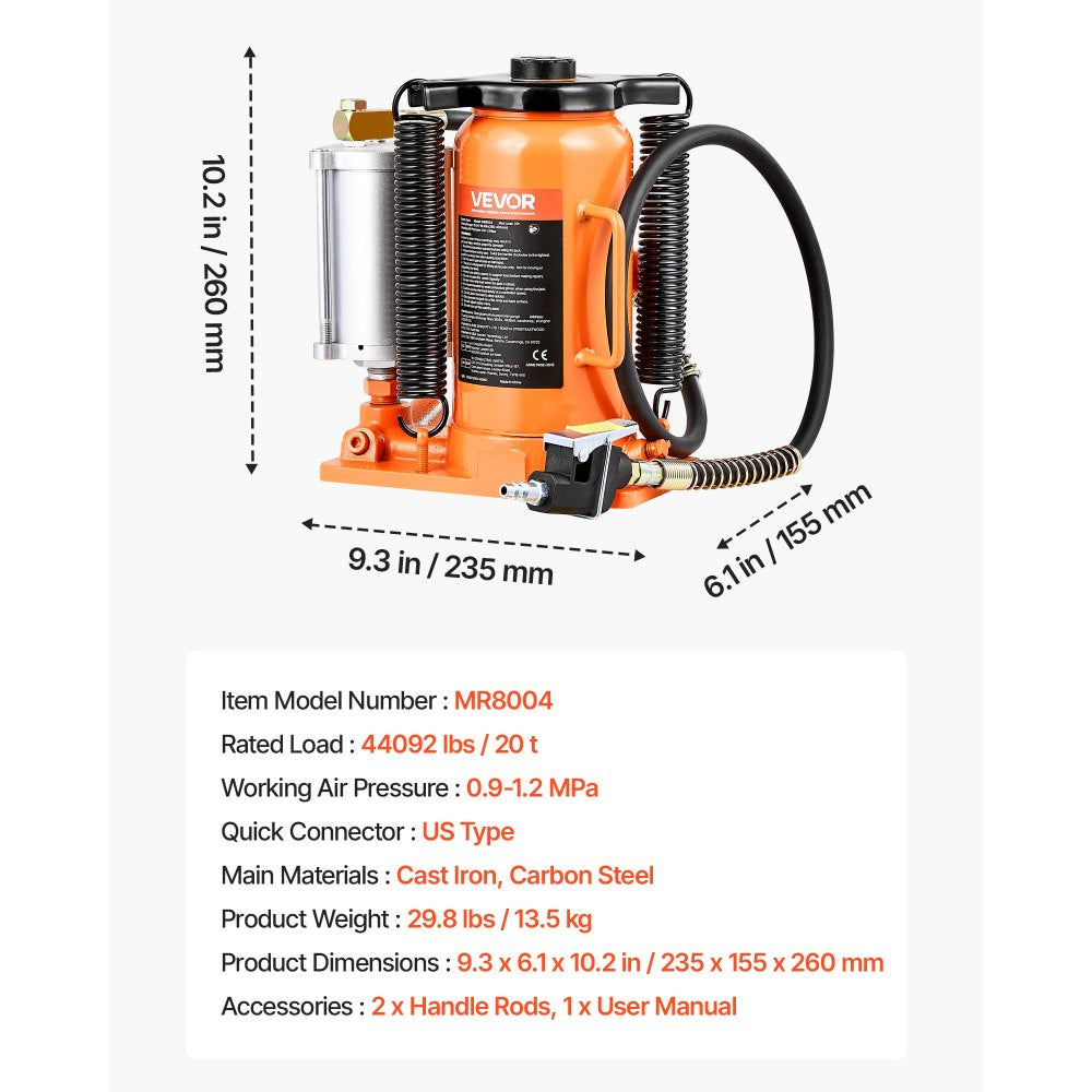 VEVOR Air Hydraulic Bottle Jack, 20 Ton (44092 lbs) Capacity, 10.2-19.5 Inch Lifting Range, Pneumatic/Manual Heavy Duty Welded Bottle Jack with Pump for Car, SUV, Pickup, Truck, RV Auto Repair, Orange