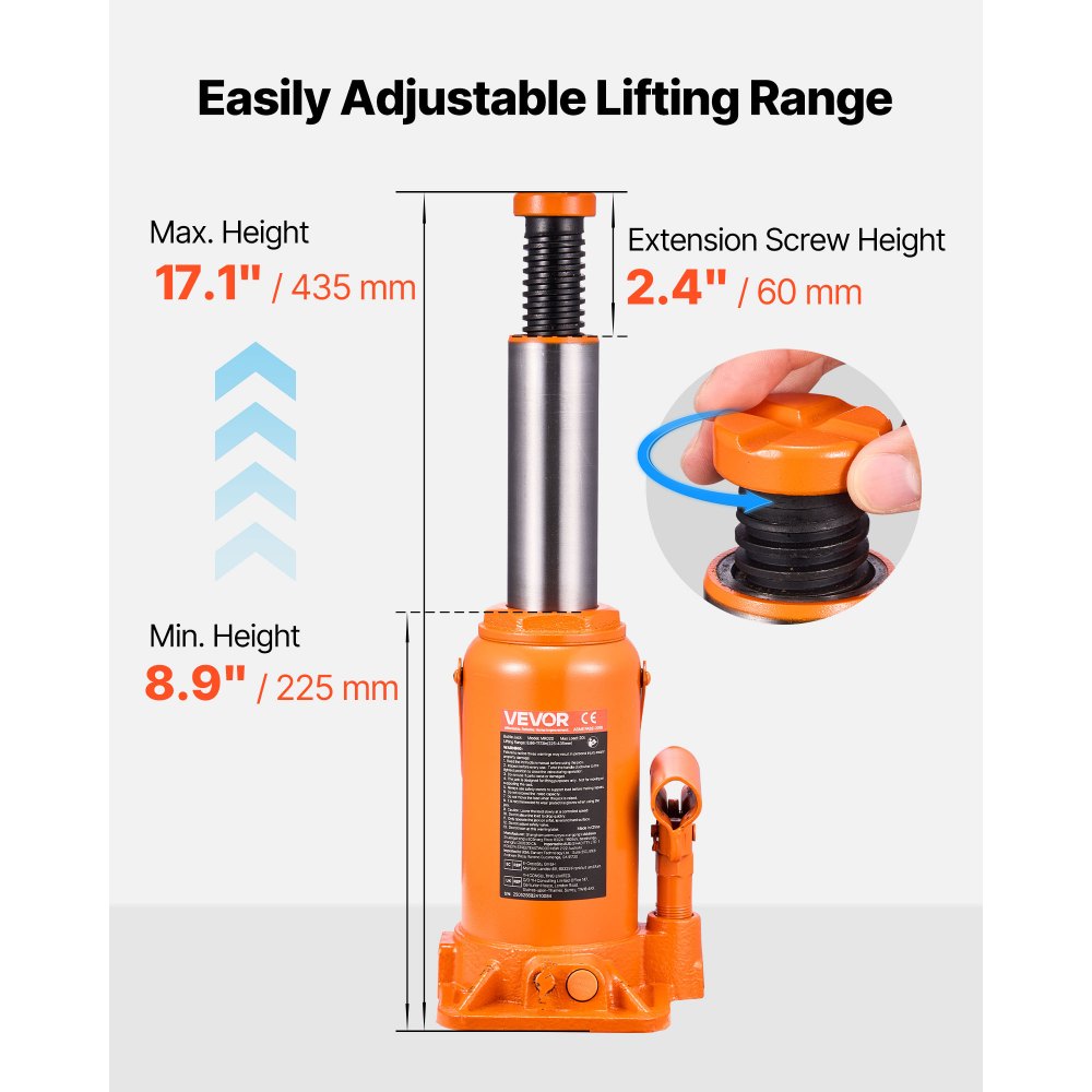 VEVOR Hydraulic Bottle Jack, 20 Ton (44092 lbs) Capacity, 8.9-17.1 Inch Lifting Range, Heavy Duty Welded Bottle Jack for Car, SUV, Pickup, Auto Repair, House Lift and Agricultural Equipment, Orange