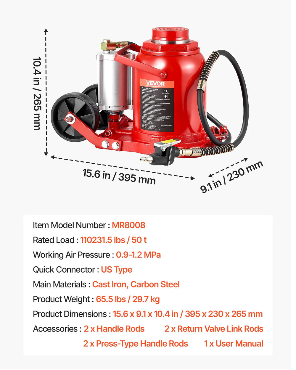 VEVOR Air Hydraulic Bottle Jack, 50 Ton (110231.5 lbs) Capacity, 10.4-16.1 Inch Lifting Range, Pneumatic/Manual Heavy Duty Welded Bottle Jack with Pump for Car, SUV, Pickup, Truck, RV Auto Repair, Red