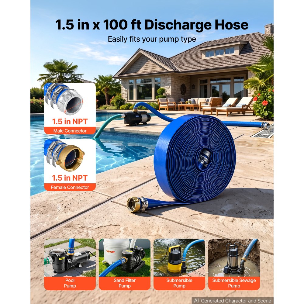 VEVOR Discharge Hose 1-1/2" x 100 ft PVC Lay Flat Backwash Water Pump Hose, for Swimming Pool Sand Filter & Sump Pump, Water Transfer Drainage, Weather & Burst-Resistant, with Pin Lug Fittings, Blue