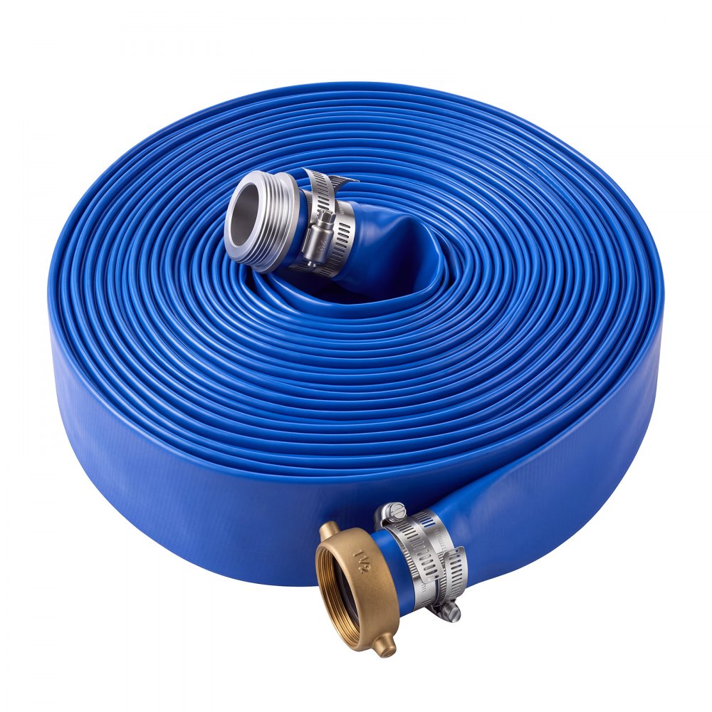 VEVOR Discharge Hose 1-1/2" x 100 ft PVC Lay Flat Backwash Water Pump Hose, for Swimming Pool Sand Filter & Sump Pump, Water Transfer Drainage, Weather & Burst-Resistant, with Pin Lug Fittings, Blue