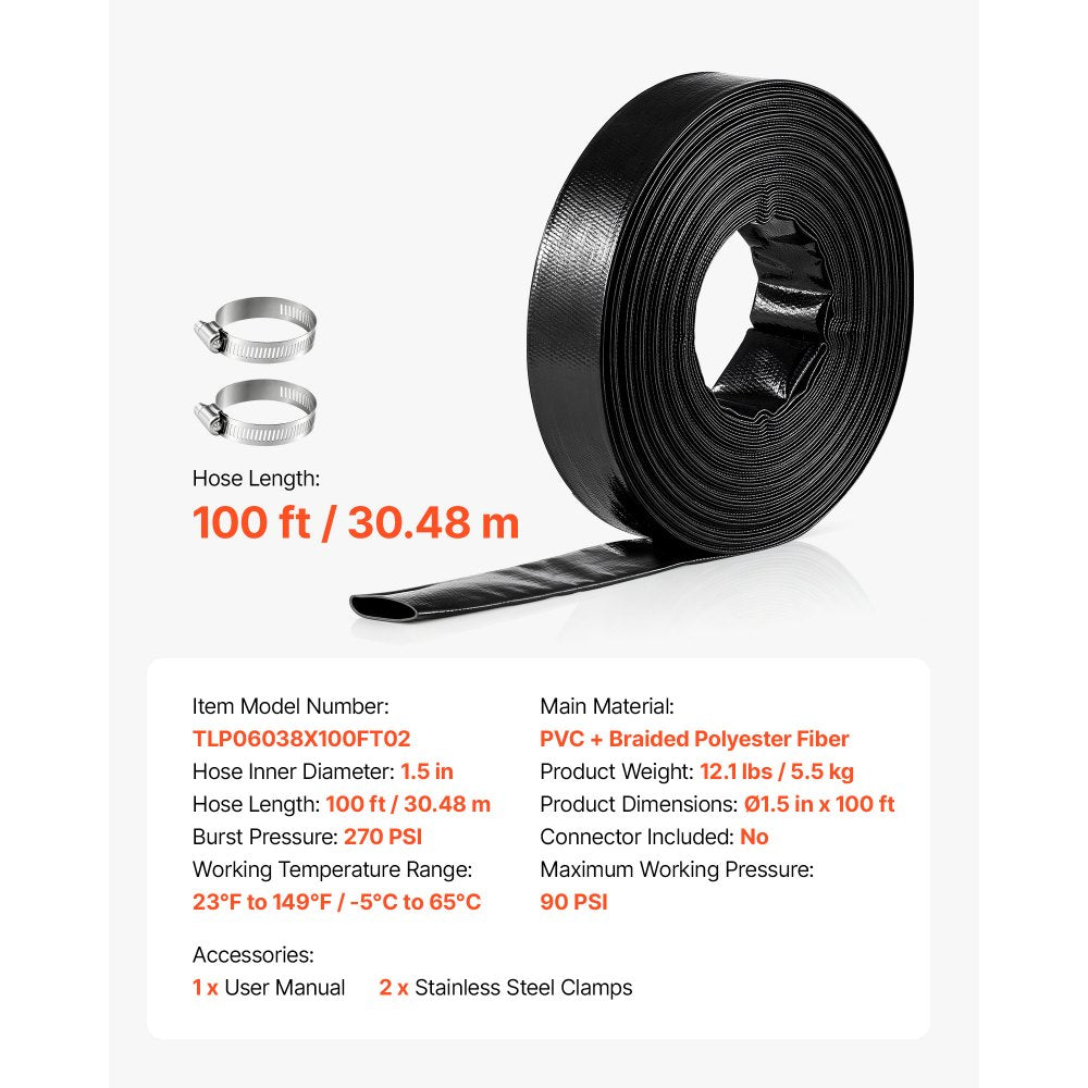 VEVOR Discharge Hose 1-1/2" x 100 ft PVC Lay Flat Backwash Water Pump Hose, for Swimming Pool Sand Filter & Sump Pump, Heavy Duty, Water Transfer Drainage, Weather & Burst-Resistant, with Clamps, Black