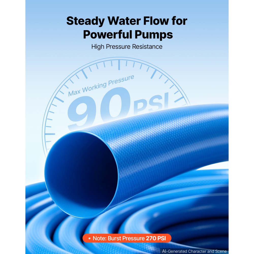 VEVOR Discharge Hose 1-1/2" x 50 ft PVC Lay Flat Backwash Water Pump Hose, for Swimming Pool Sand Filter & Sump Pump, Heavy Duty, Water Transfer Drainage, Weather & Burst-Resistant, with Clamps, Blue