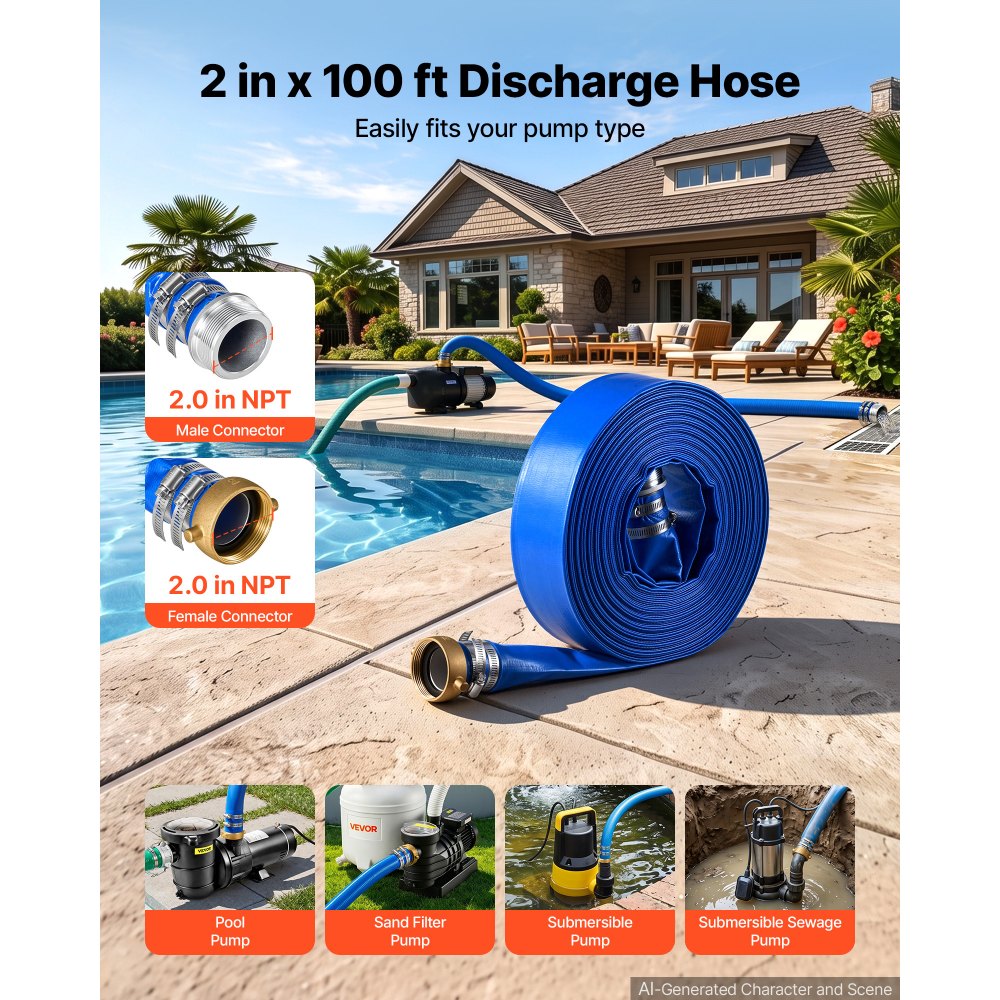 VEVOR Discharge Hose 2" x 100 ft PVC Lay Flat Backwash Water Pump Hose, for Swimming Pool Sand Filter & Sump Pump, Water Transfer Drainage, Weather & Burst-Resistant, with Pin Lug Fittings, Blue