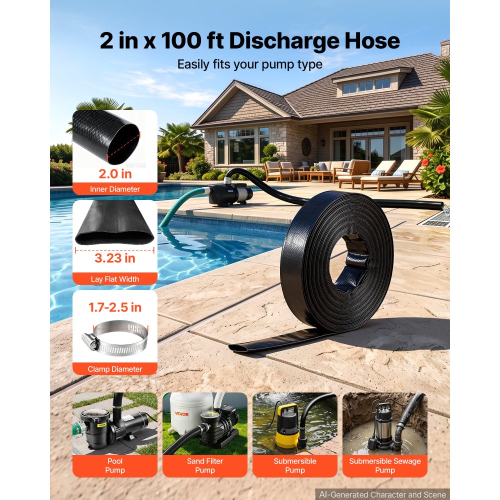 VEVOR Discharge Hose 2" x 100 ft PVC Lay Flat Backwash Water Pump Hose, for Swimming Pool Sand Filter & Sump Pump, Heavy Duty, Water Transfer Drainage, Weather & Burst-Resistant, with Clamps, Black