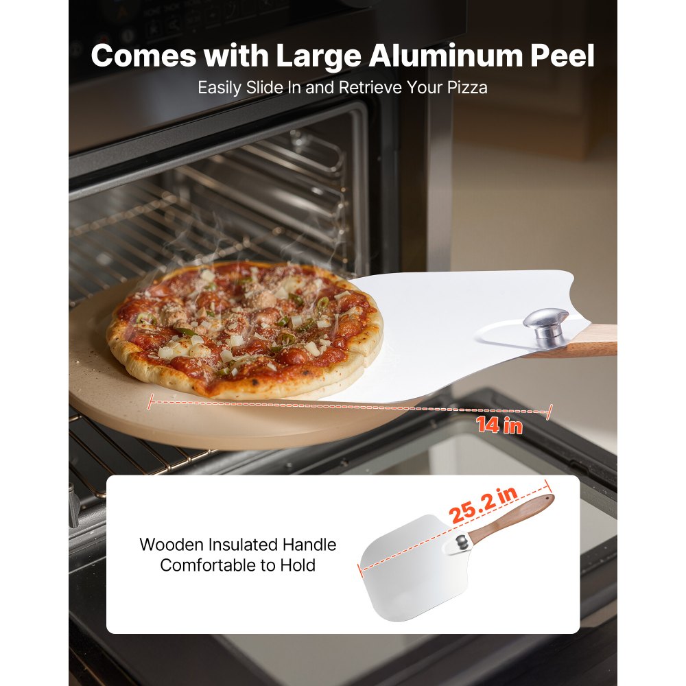 VEVOR Pizza Stone, 15 in Round Pizza Stone,  0.67 in Large Cordierite Baking-Stone with Metal Peel, Scrape, 1450℉ Heat-Resistant Cooking Stones, for Kitchen Oven, Baking Pizzas, BBQ Grilling